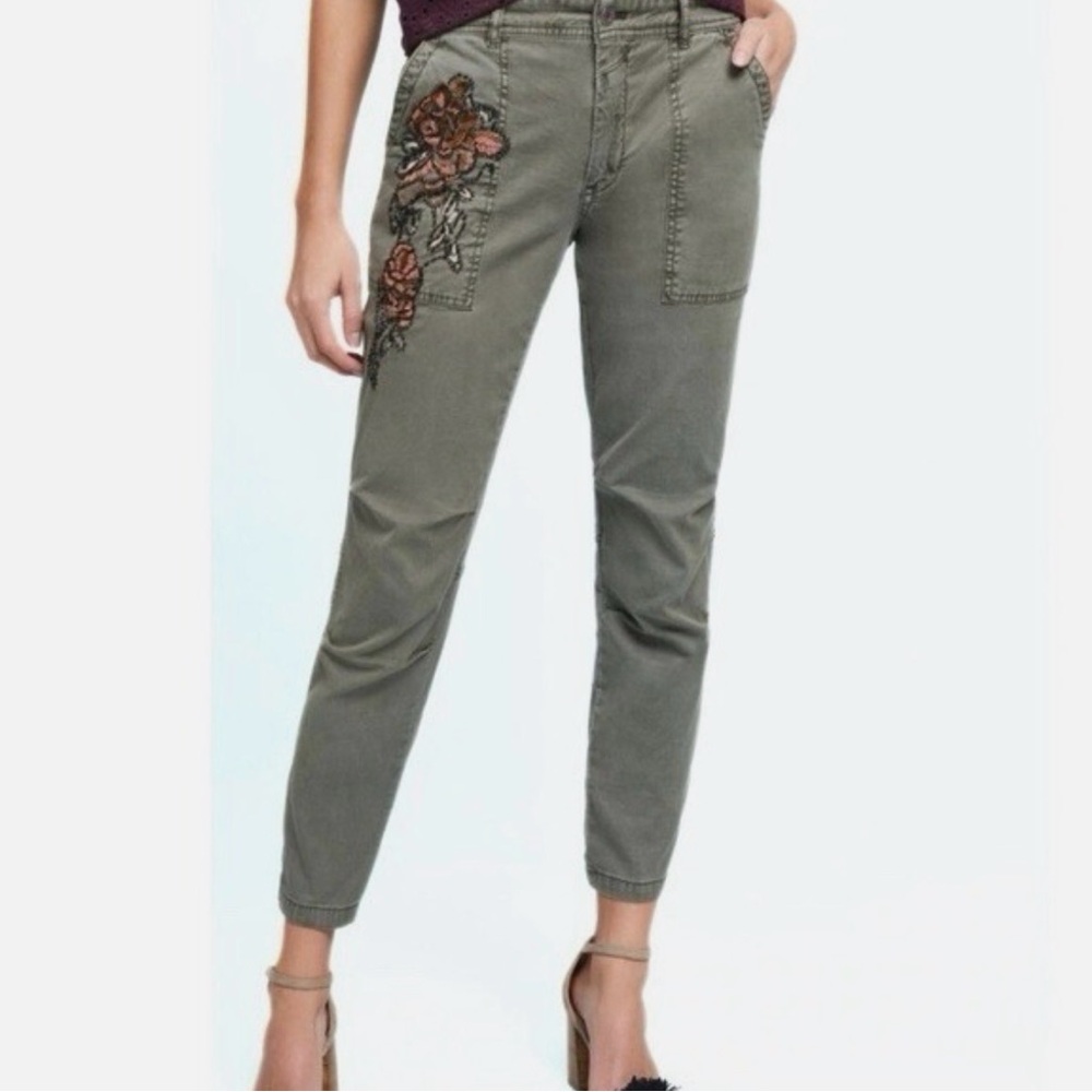 Anthropologie The Wanderer Olive Utility Casual Ankle Beaded Embroidery Pants